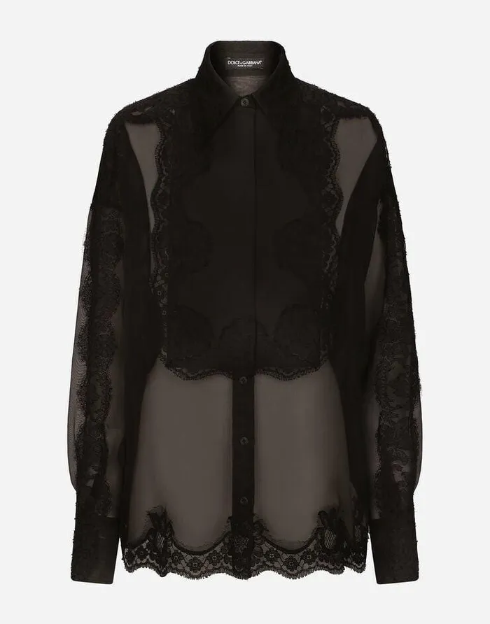 Dolce and Gabbana Shirts And Tops Women Organza Tuxedo Shirt With Lace Inserts Black Dolce and Gabbana Shirts And Tops Women Organza Tuxedo Shirt With Lace Inserts Black