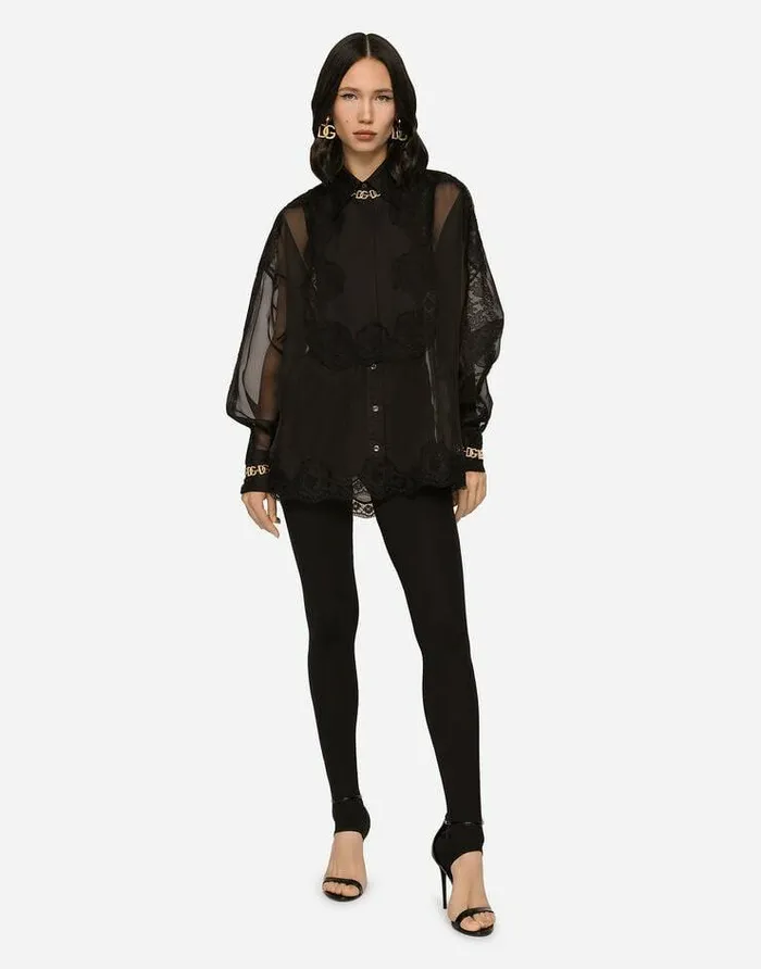 Dolce and Gabbana Shirts And Tops Women Organza Tuxedo Shirt With Lace Inserts Black Dolce and Gabbana Shirts And Tops Women Organza Tuxedo Shirt With Lace Inserts Black