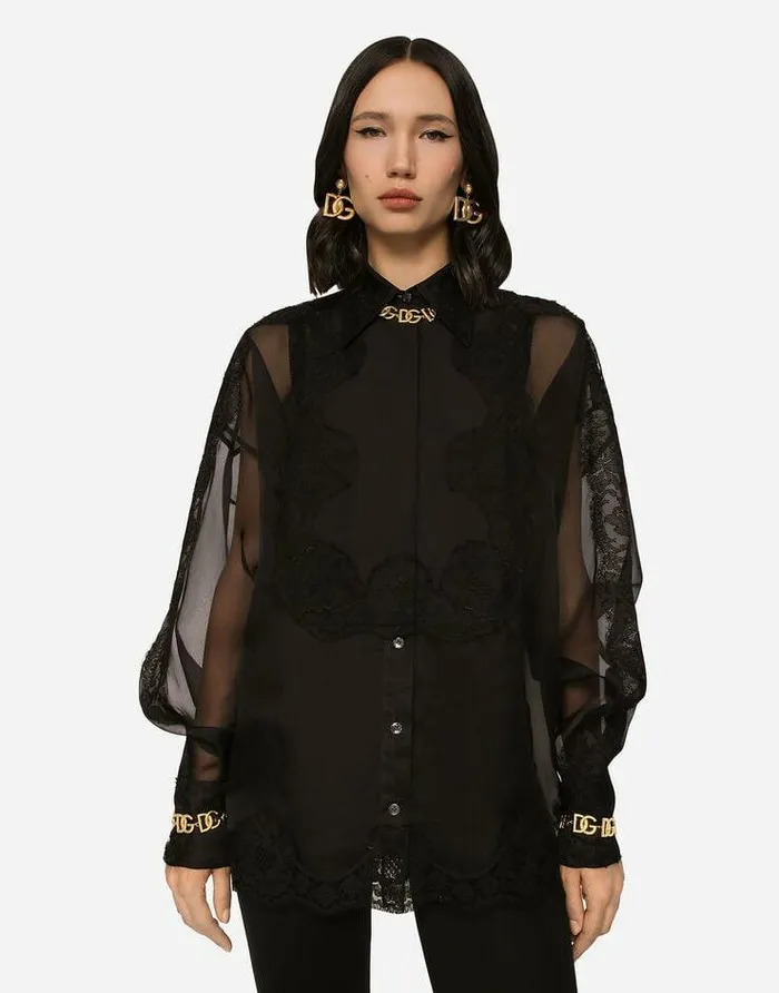 Dolce and Gabbana Shirts And Tops Women Organza Tuxedo Shirt With Lace Inserts Black Dolce and Gabbana Shirts And Tops Women Organza Tuxedo Shirt With Lace Inserts Black