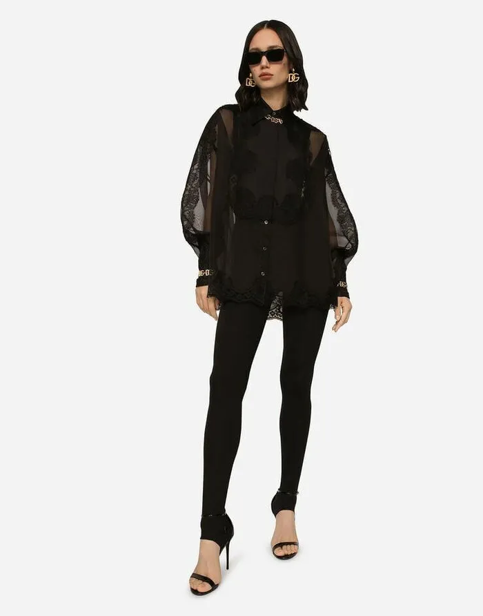 Dolce and Gabbana Shirts And Tops Women Organza Tuxedo Shirt With Lace Inserts Black Dolce and Gabbana Shirts And Tops Women Organza Tuxedo Shirt With Lace Inserts Black