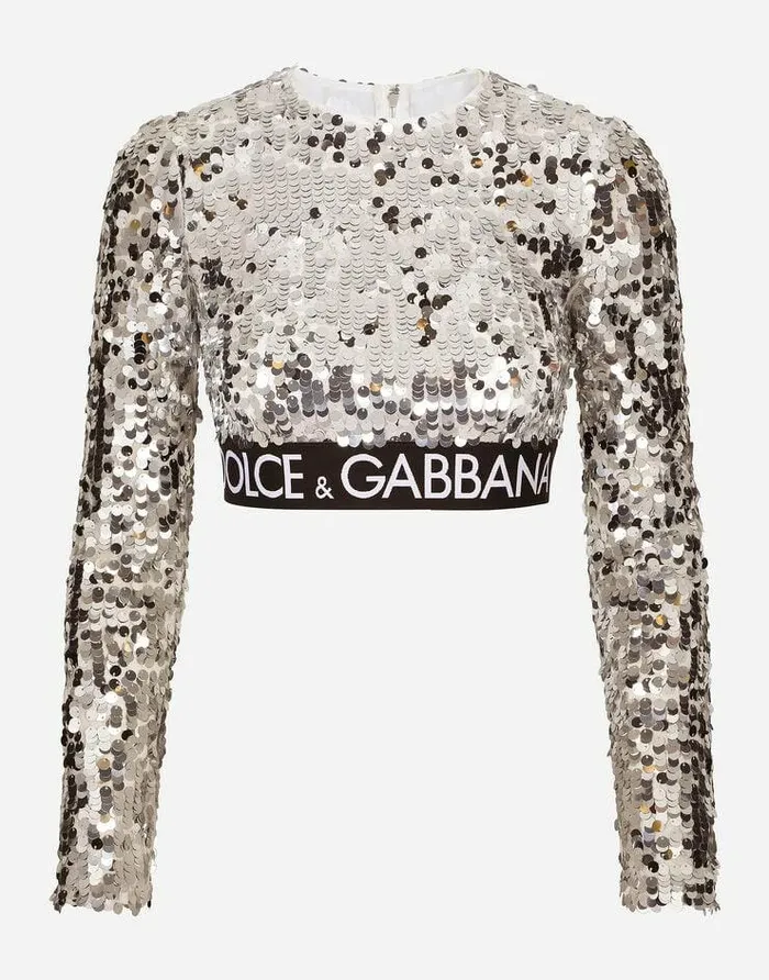 Dolce and Gabbana Shirts And Tops Women Sequined Top With Branded Elastic Silver Dolce and Gabbana Shirts And Tops Women Sequined Top With Branded Elastic Silver
