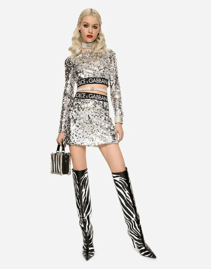Dolce and Gabbana Shirts And Tops Women Sequined Top With Branded Elastic Silver Dolce and Gabbana Shirts And Tops Women Sequined Top With Branded Elastic Silver
