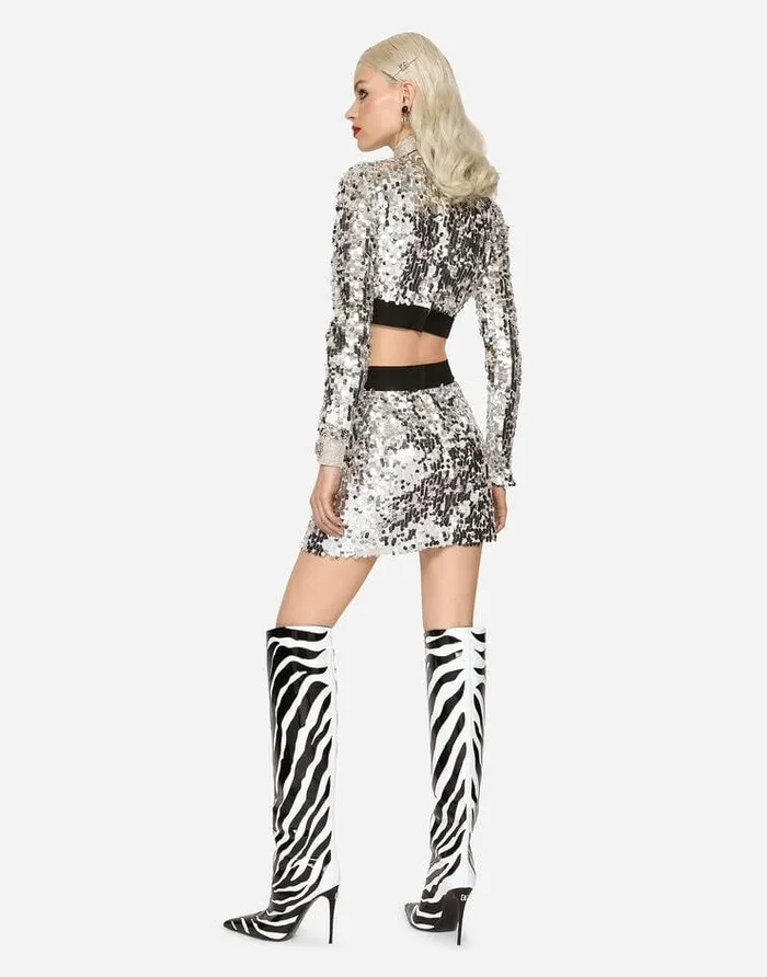 Dolce and Gabbana Shirts And Tops Women Sequined Top With Branded Elastic Silver Dolce and Gabbana Shirts And Tops Women Sequined Top With Branded Elastic Silver