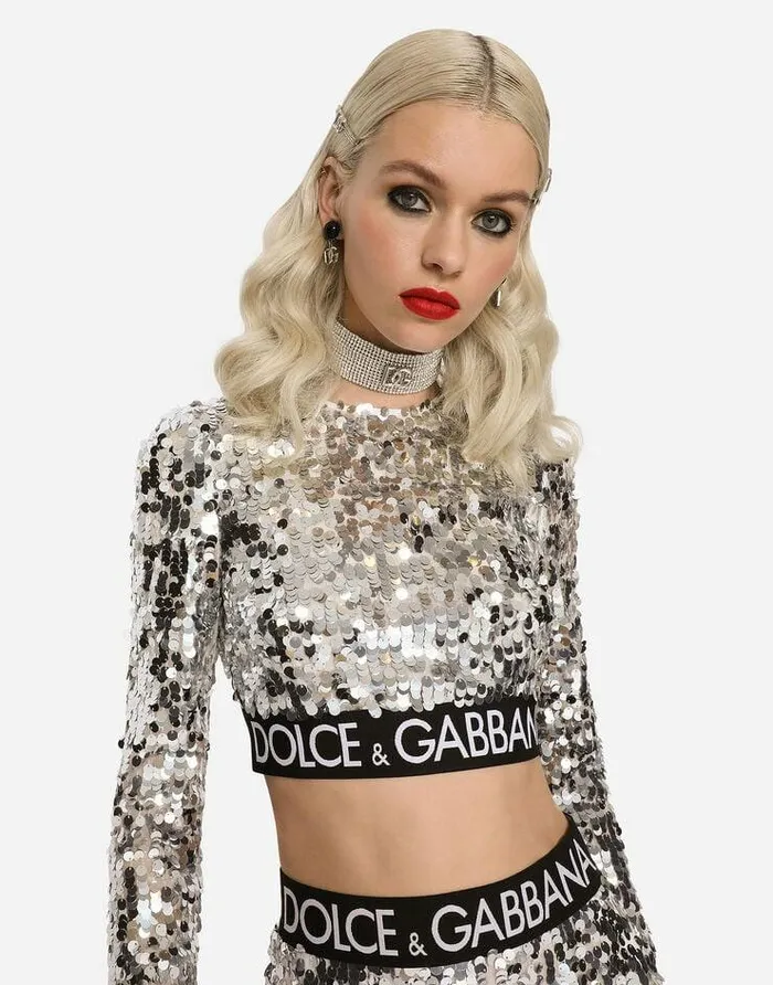 Dolce and Gabbana Shirts And Tops Women Sequined Top With Branded Elastic Silver Dolce and Gabbana Shirts And Tops Women Sequined Top With Branded Elastic Silver