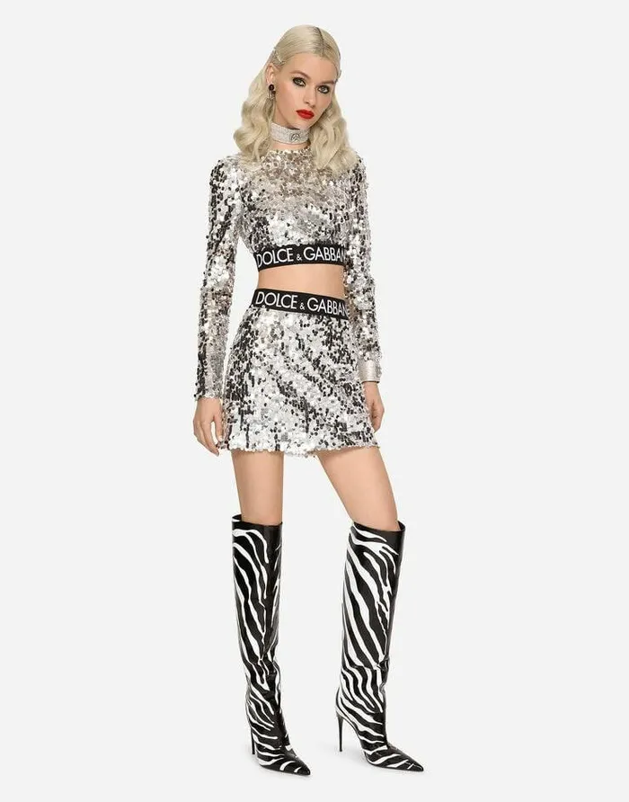 Dolce and Gabbana Shirts And Tops Women Sequined Top With Branded Elastic Silver Dolce and Gabbana Shirts And Tops Women Sequined Top With Branded Elastic Silver