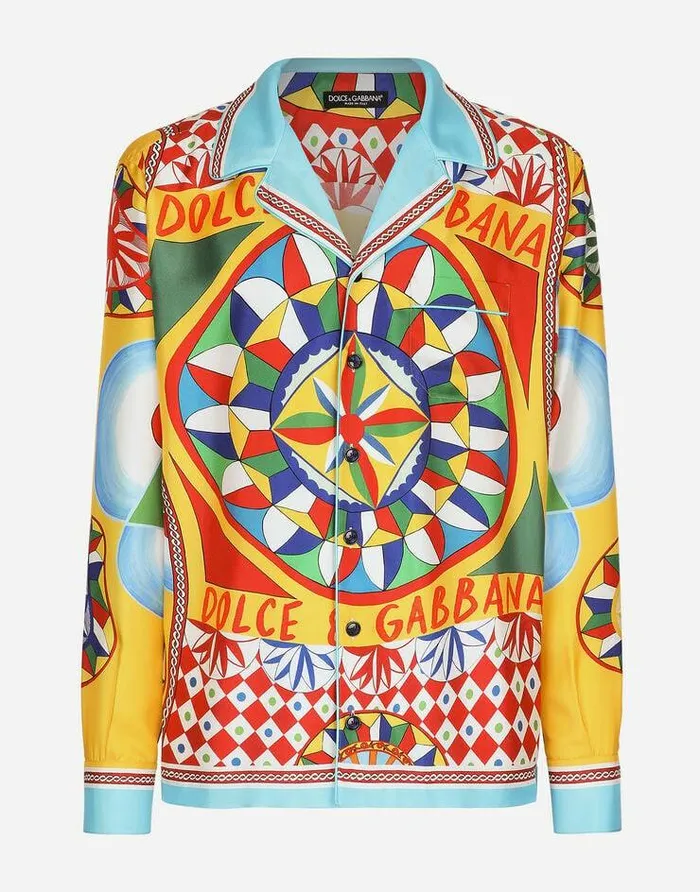 Dolce and Gabbana Shirts Men Carrettoprint Silk Twill Shirt Red