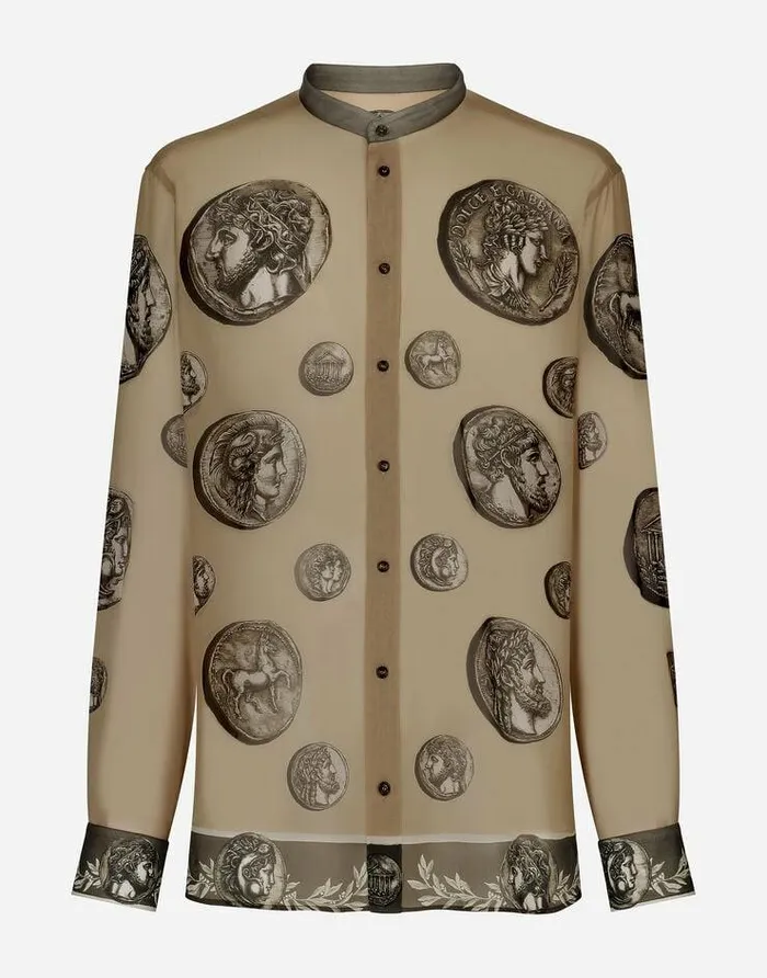 Dolce and Gabbana Shirts Men Coin Print Silk Georgette Shirt Beige