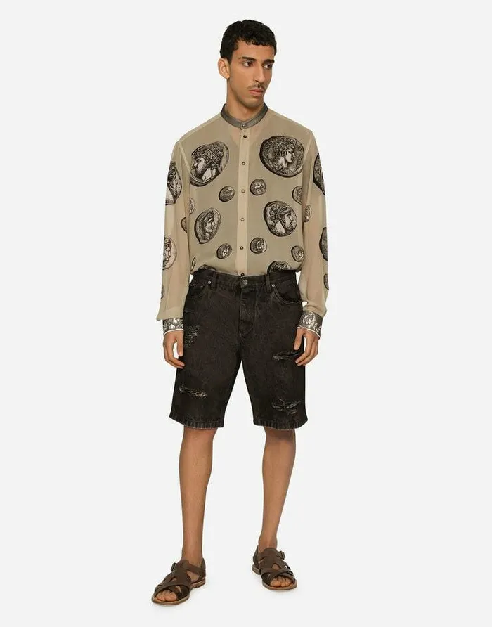 Dolce and Gabbana Shirts Men Coin Print Silk Georgette Shirt Beige Dolce and Gabbana Shirts Men Coin Print Silk Georgette Shirt Beige