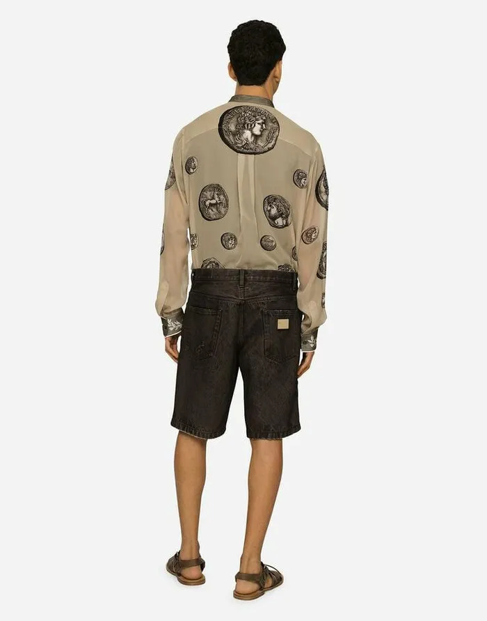 Dolce and Gabbana Shirts Men Coin Print Silk Georgette Shirt Beige Dolce and Gabbana Shirts Men Coin Print Silk Georgette Shirt Beige