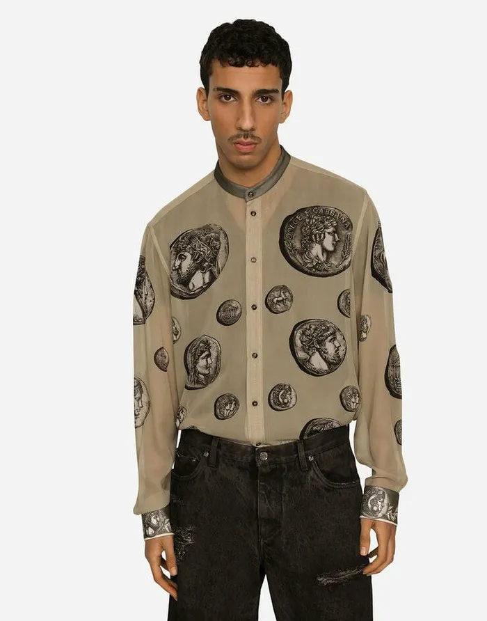 Dolce and Gabbana Shirts Men Coin Print Silk Georgette Shirt Beige Dolce and Gabbana Shirts Men Coin Print Silk Georgette Shirt Beige