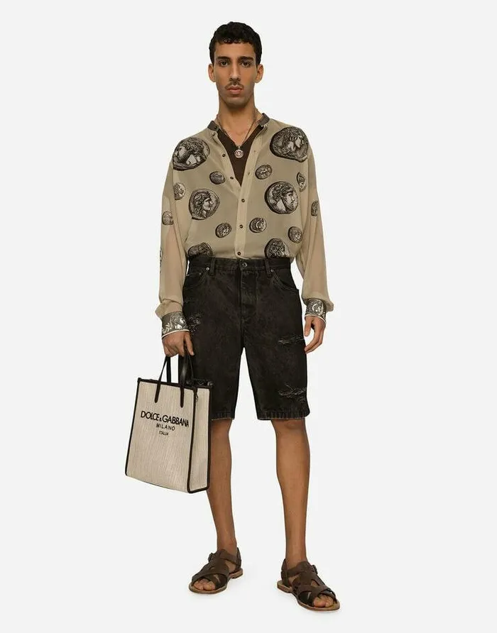 Dolce and Gabbana Shirts Men Coin Print Silk Georgette Shirt Beige Dolce and Gabbana Shirts Men Coin Print Silk Georgette Shirt Beige