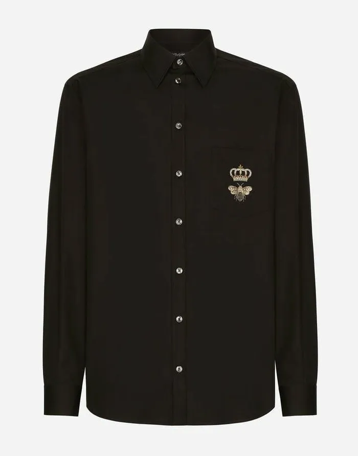 Dolce and Gabbana Shirts Men Cotton Martinifit Shirt With Embroidery Black