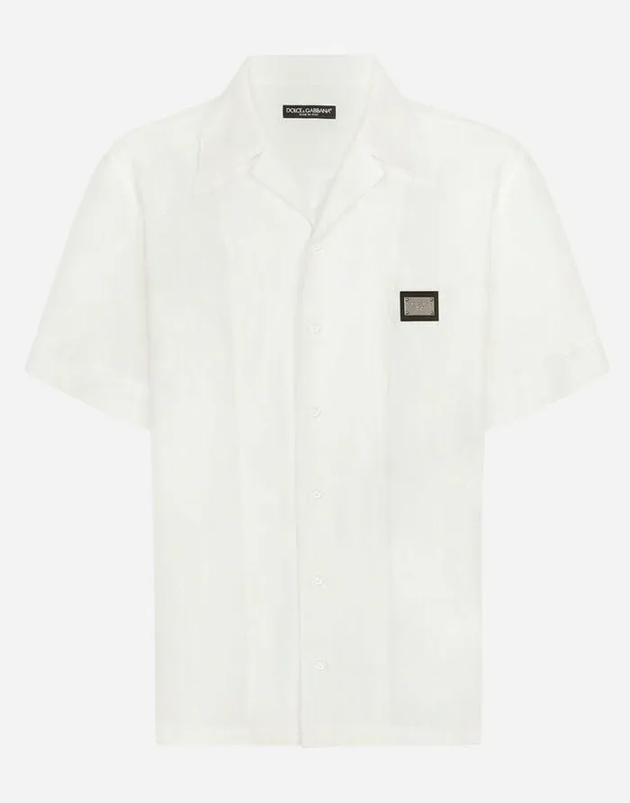 Dolce and Gabbana Shirts Men Linen Hawaiian Shirt With Logo Tag White