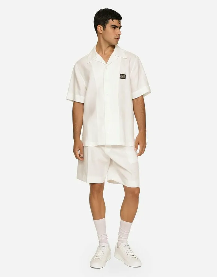 Dolce and Gabbana Shirts Men Linen Hawaiian Shirt With Logo Tag White Dolce and Gabbana Shirts Men Linen Hawaiian Shirt With Logo Tag White
