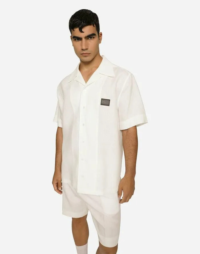 Dolce and Gabbana Shirts Men Linen Hawaiian Shirt With Logo Tag White Dolce and Gabbana Shirts Men Linen Hawaiian Shirt With Logo Tag White
