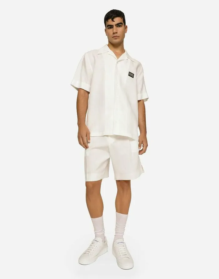 Dolce and Gabbana Shirts Men Linen Hawaiian Shirt With Logo Tag White Dolce and Gabbana Shirts Men Linen Hawaiian Shirt With Logo Tag White