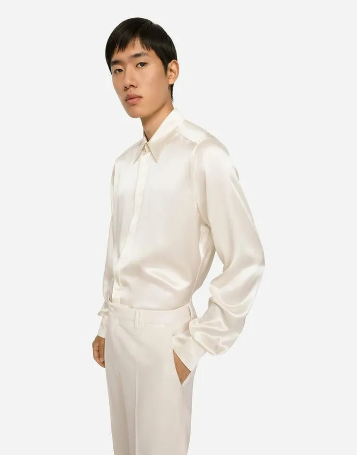 Dolce and Gabbana Shirts Men Silk Satin Martinifit Shirt White Dolce and Gabbana Shirts Men Silk Satin Martinifit Shirt White