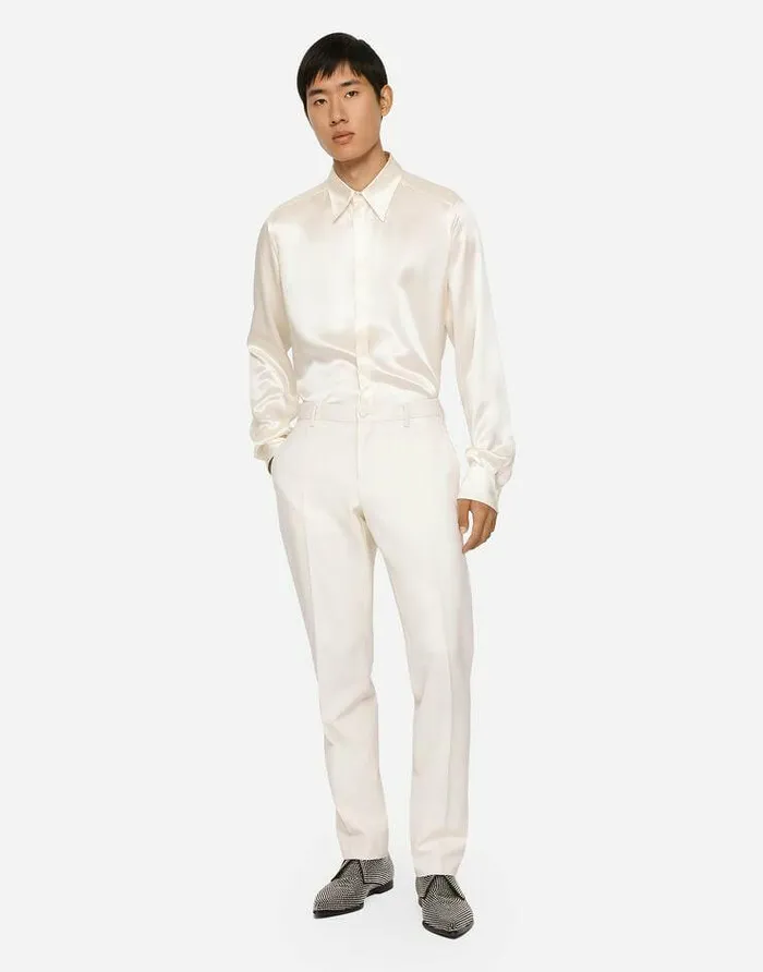 Dolce and Gabbana Shirts Men Silk Satin Martinifit Shirt White Dolce and Gabbana Shirts Men Silk Satin Martinifit Shirt White