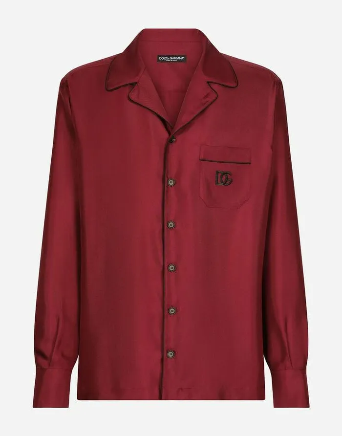 Dolce and Gabbana Shirts Men Silk Shirt With DG Logoembroidered Patch Bordeaux Dolce and Gabbana Shirts Men Silk Shirt With DG Logoembroidered Patch Bordeaux
