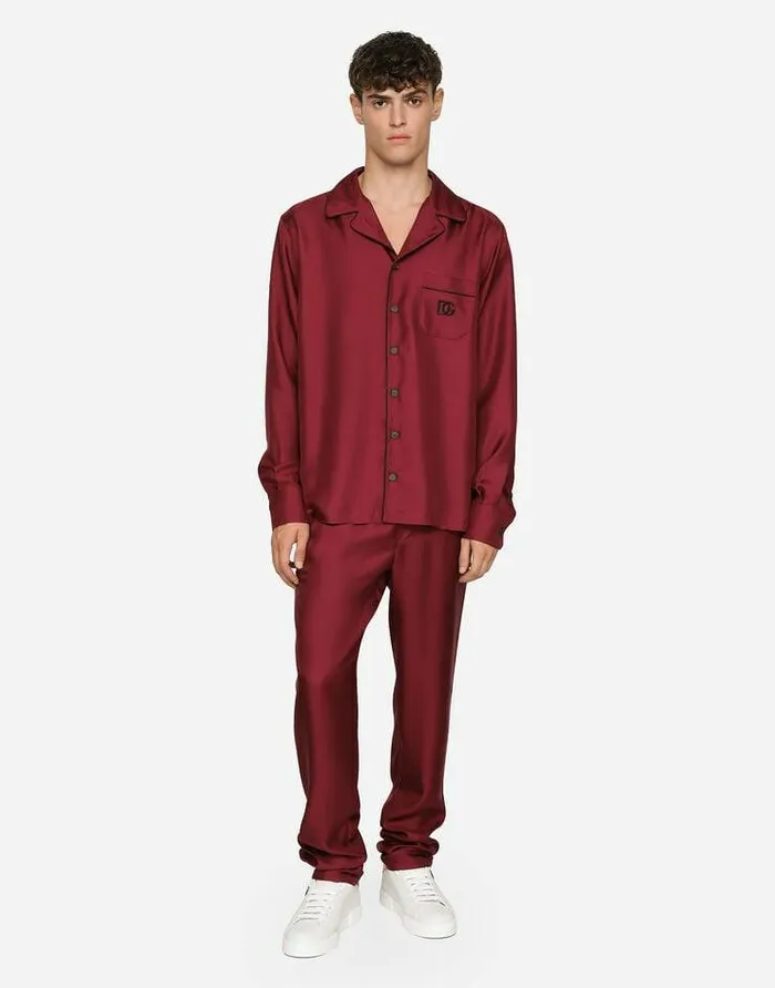 Dolce and Gabbana Shirts Men Silk Shirt With DG Logoembroidered Patch Bordeaux Dolce and Gabbana Shirts Men Silk Shirt With DG Logoembroidered Patch Bordeaux