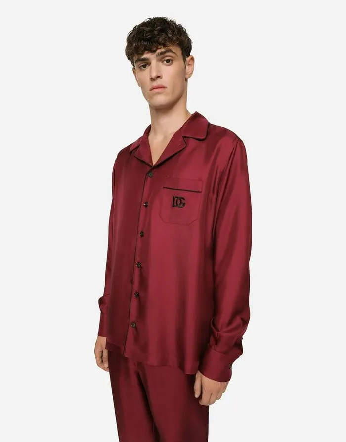 Dolce and Gabbana Shirts Men Silk Shirt With DG Logoembroidered Patch Bordeaux Dolce and Gabbana Shirts Men Silk Shirt With DG Logoembroidered Patch Bordeaux