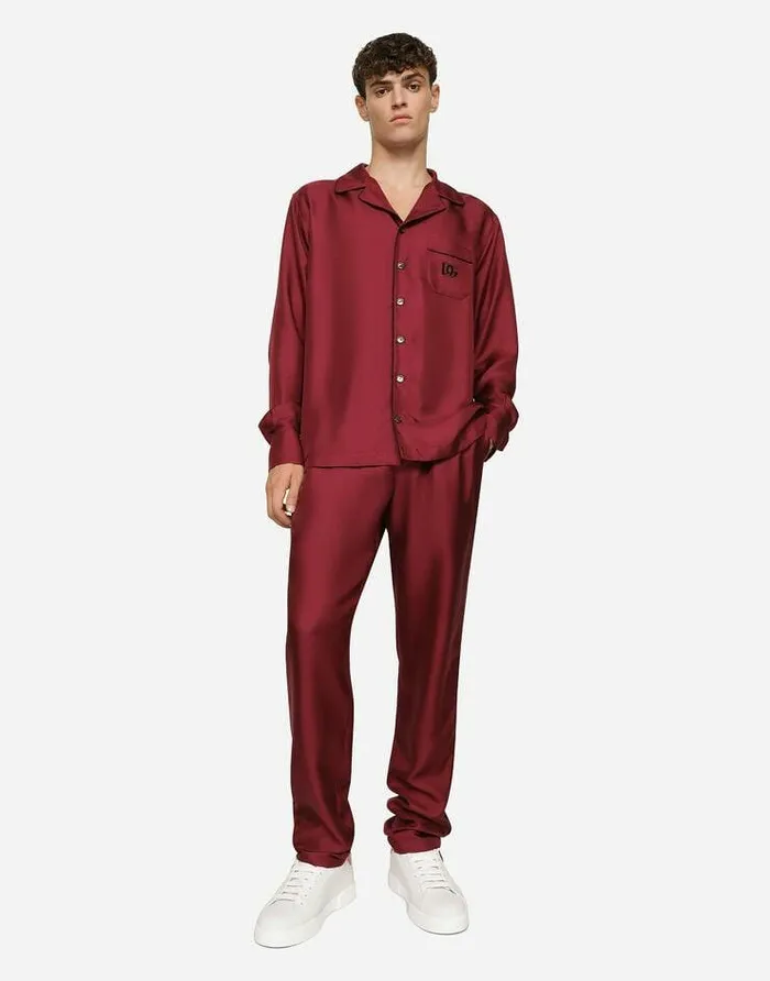 Dolce and Gabbana Shirts Men Silk Shirt With DG Logoembroidered Patch Bordeaux Dolce and Gabbana Shirts Men Silk Shirt With DG Logoembroidered Patch Bordeaux