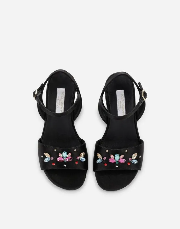 Dolce and Gabbana Shoes 2438 Children Satin Sandals With Multicolored Crystals Black Dolce and Gabbana Shoes 2438 Children Satin Sandals With Multicolored Crystals Black
