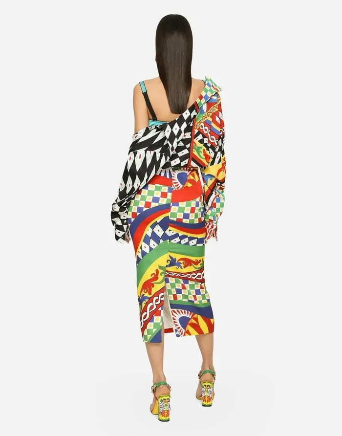 Dolce and Gabbana Skirts Women Calflength Technical Jersey Pencil Skirt With Carretto Print Multicolor Dolce and Gabbana Skirts Women Calflength Technical Jersey Pencil Skirt With Carretto Print Multicolor