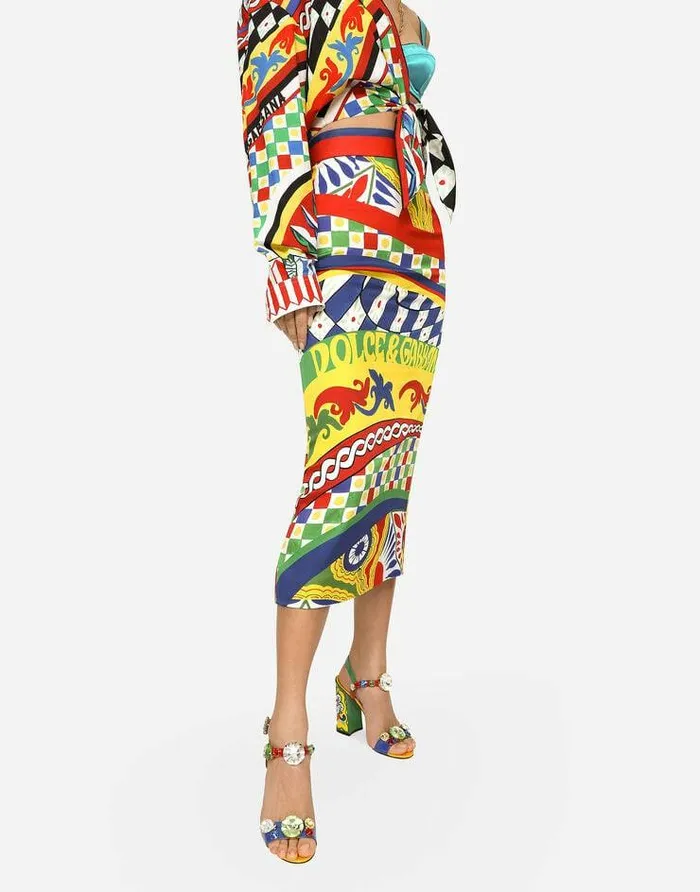 Dolce and Gabbana Skirts Women Calflength Technical Jersey Pencil Skirt With Carretto Print Multicolor Dolce and Gabbana Skirts Women Calflength Technical Jersey Pencil Skirt With Carretto Print Multicolor