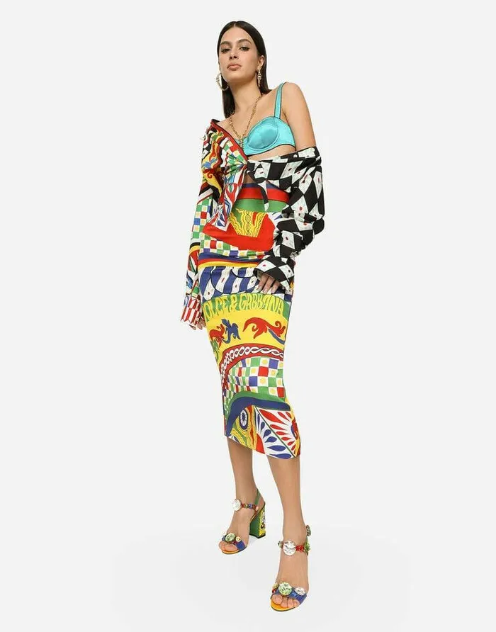 Dolce and Gabbana Skirts Women Calflength Technical Jersey Pencil Skirt With Carretto Print Multicolor Dolce and Gabbana Skirts Women Calflength Technical Jersey Pencil Skirt With Carretto Print Multicolor
