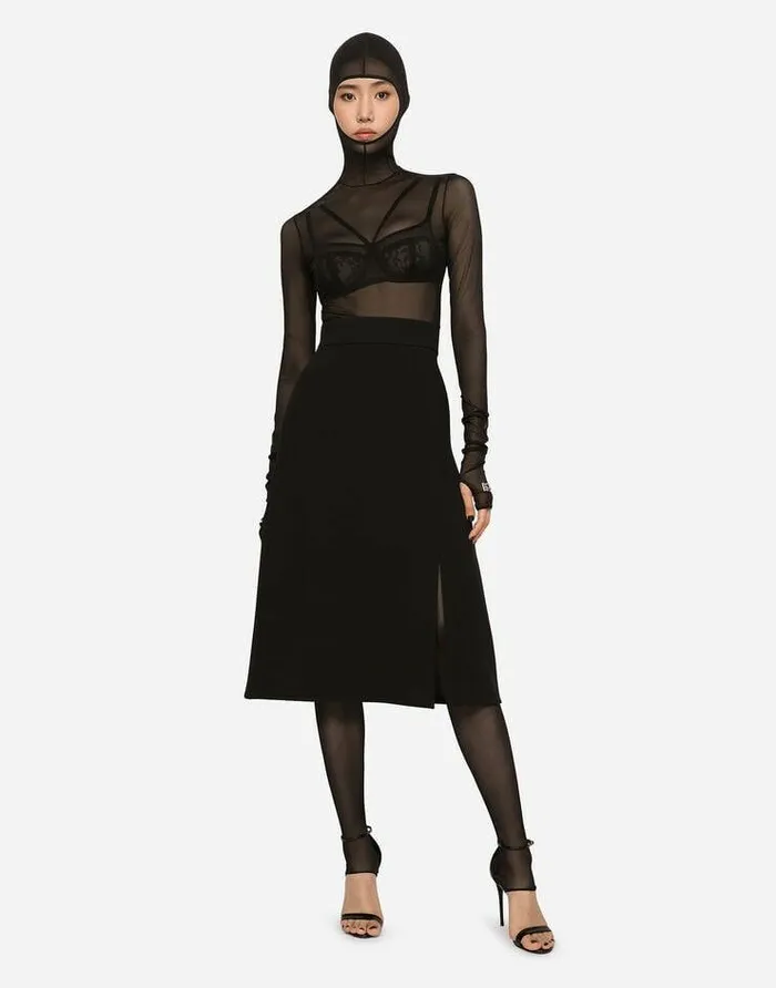 Dolce and Gabbana Skirts Women Technical Crepe Calflength Skirt With Slit Black Dolce and Gabbana Skirts Women Technical Crepe Calflength Skirt With Slit Black