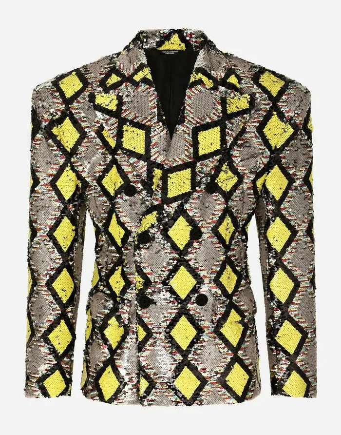 Dolce and Gabbana Suits And Blazers Men Doublebreasted Jacket With Sequined Diamonddesign Multicolor