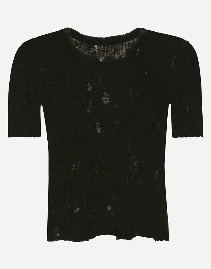Dolce and Gabbana Sweaters And Cardigans Men Roundneck Technical Linen Sweater With Rips Black Dolce and Gabbana Sweaters And Cardigans Men Roundneck Technical Linen Sweater With Rips Black