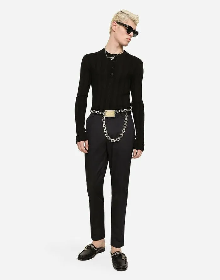 Dolce and Gabbana Sweaters And Cardigans Men Silk And Cotton Granddadneck Sweater With DG Patch Black Dolce and Gabbana Sweaters And Cardigans Men Silk And Cotton Granddadneck Sweater With DG Patch Black