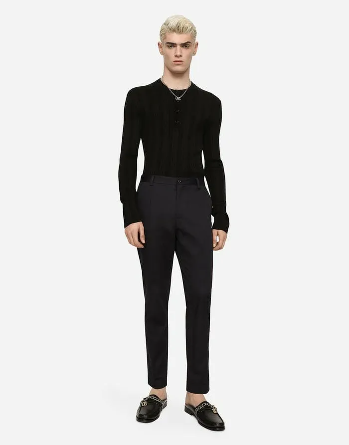 Dolce and Gabbana Sweaters And Cardigans Men Silk And Cotton Granddadneck Sweater With DG Patch Black Dolce and Gabbana Sweaters And Cardigans Men Silk And Cotton Granddadneck Sweater With DG Patch Black