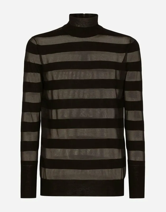 Dolce and Gabbana Sweaters And Cardigans Men Striped Technical Wool Turtleneck Sweater Black Dolce and Gabbana Sweaters And Cardigans Men Striped Technical Wool Turtleneck Sweater Black