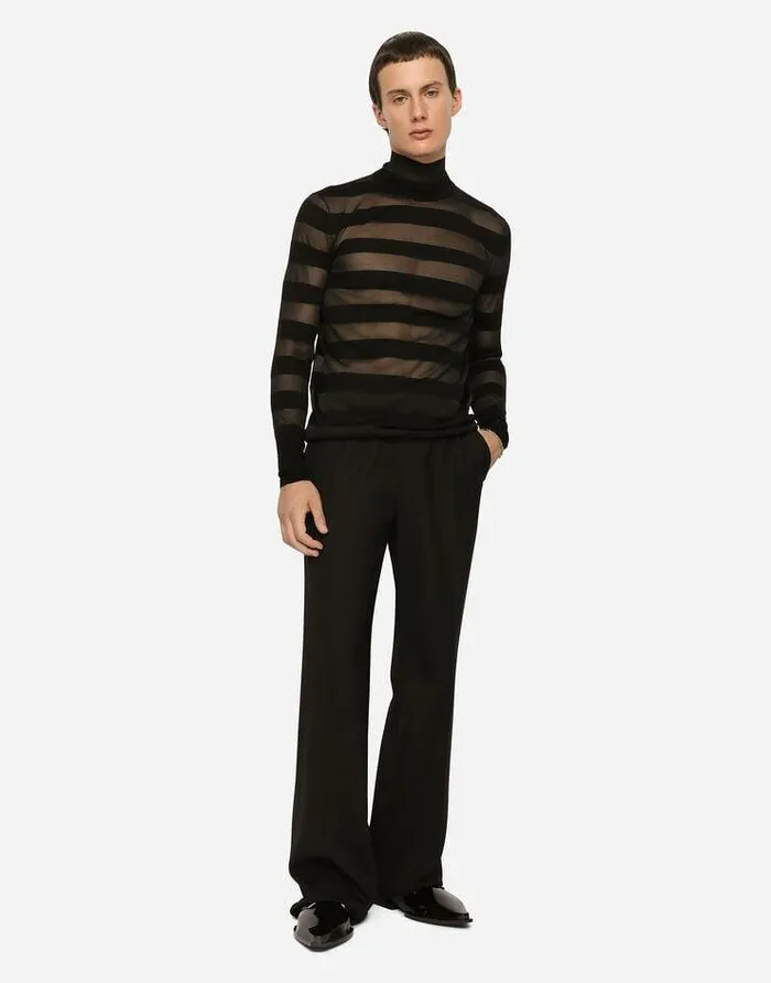 Dolce and Gabbana Sweaters And Cardigans Men Striped Technical Wool Turtleneck Sweater Black Dolce and Gabbana Sweaters And Cardigans Men Striped Technical Wool Turtleneck Sweater Black