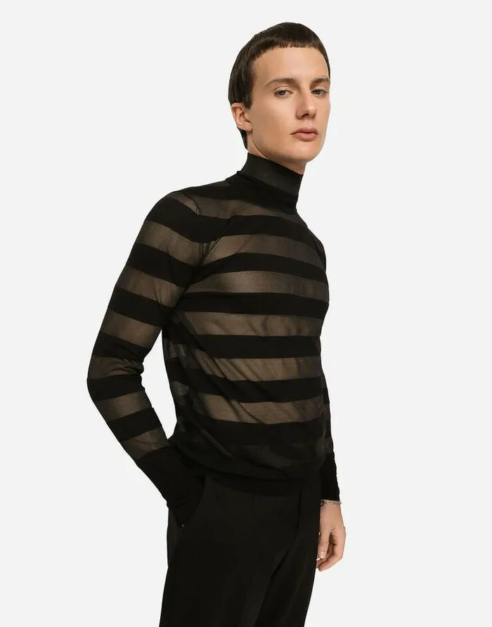 Dolce and Gabbana Sweaters And Cardigans Men Striped Technical Wool Turtleneck Sweater Black Dolce and Gabbana Sweaters And Cardigans Men Striped Technical Wool Turtleneck Sweater Black