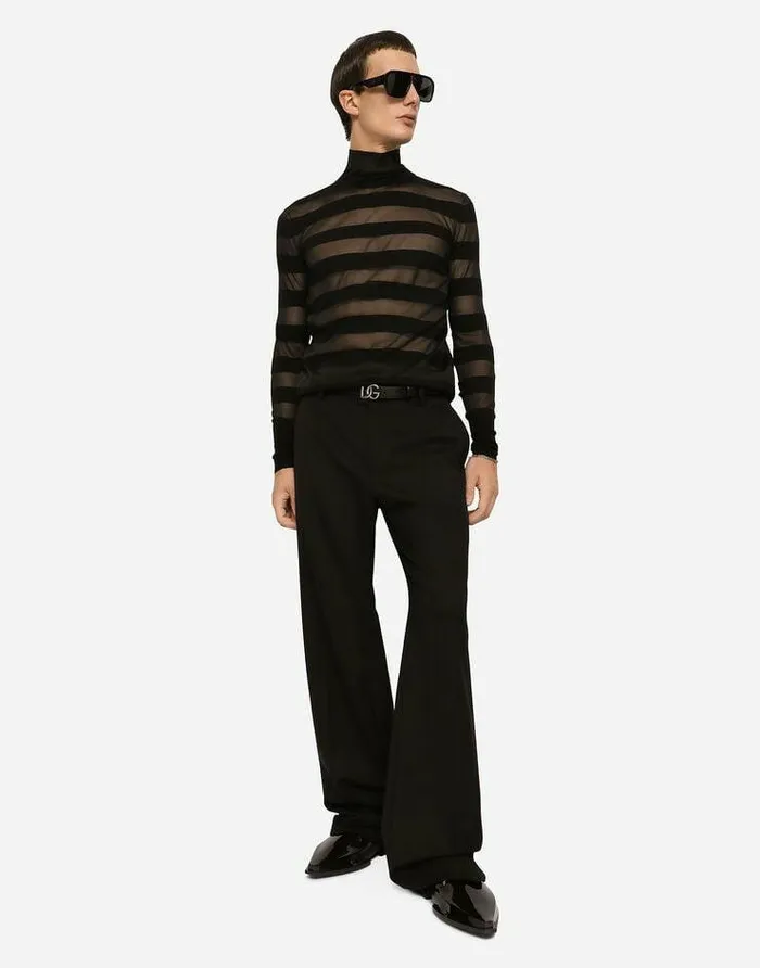 Dolce and Gabbana Sweaters And Cardigans Men Striped Technical Wool Turtleneck Sweater Black Dolce and Gabbana Sweaters And Cardigans Men Striped Technical Wool Turtleneck Sweater Black