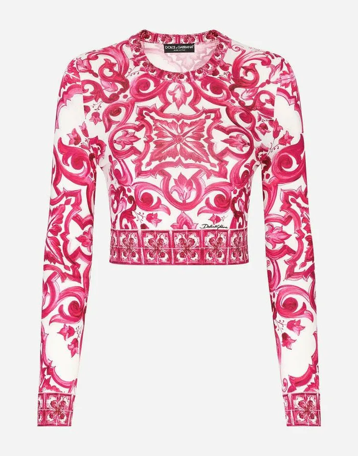 Dolce and Gabbana Sweaters And Cardigans Women Cropped Majolicaprint Silk Sweater Multicolor