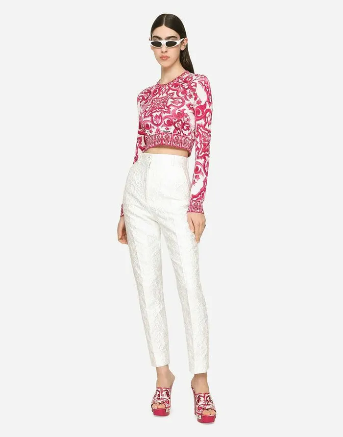 Dolce and Gabbana Sweaters And Cardigans Women Cropped Majolicaprint Silk Sweater Multicolor Dolce and Gabbana Sweaters And Cardigans Women Cropped Majolicaprint Silk Sweater Multicolor