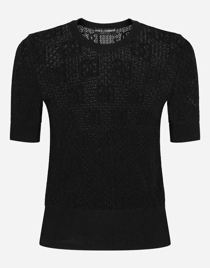Dolce and Gabbana Sweaters And Cardigans Women Shortsleeved Lacestitch Sweater With DG Logo Black Dolce and Gabbana Sweaters And Cardigans Women Shortsleeved Lacestitch Sweater With DG Logo Black
