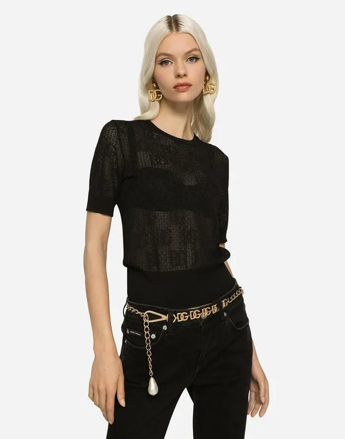 Dolce and Gabbana Sweaters And Cardigans Women Shortsleeved Lacestitch Sweater With DG Logo Black Dolce and Gabbana Sweaters And Cardigans Women Shortsleeved Lacestitch Sweater With DG Logo Black