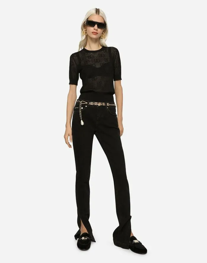Dolce and Gabbana Sweaters And Cardigans Women Shortsleeved Lacestitch Sweater With DG Logo Black Dolce and Gabbana Sweaters And Cardigans Women Shortsleeved Lacestitch Sweater With DG Logo Black