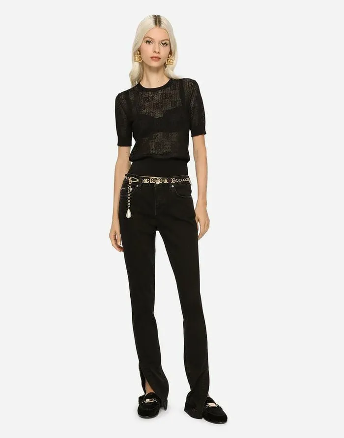Dolce and Gabbana Sweaters And Cardigans Women Shortsleeved Lacestitch Sweater With DG Logo Black Dolce and Gabbana Sweaters And Cardigans Women Shortsleeved Lacestitch Sweater With DG Logo Black