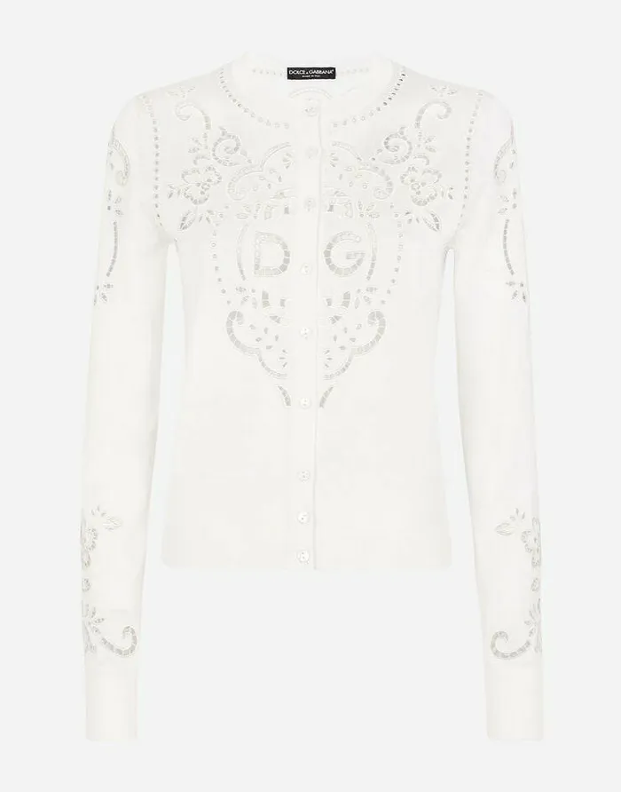 Dolce and Gabbana Sweaters And Cardigans Women Silk Cardigan With DG Openwork Embroidery White Dolce and Gabbana Sweaters And Cardigans Women Silk Cardigan With DG Openwork Embroidery White
