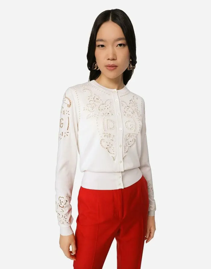 Dolce and Gabbana Sweaters And Cardigans Women Silk Cardigan With DG Openwork Embroidery White