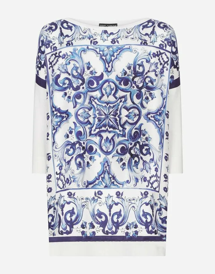 Dolce and Gabbana Sweaters And Cardigans Women Silk Twill Crewneck Pullover With Majolica Print Multicolor Dolce and Gabbana Sweaters And Cardigans Women Silk Twill Crewneck Pullover With Majolica Print Multicolor