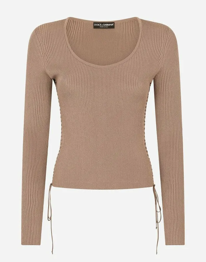 Dolce and Gabbana Sweaters And Cardigans Women Viscose Ribbed Sweater With Lacing And Eyelets Brown Dolce and Gabbana Sweaters And Cardigans Women Viscose Ribbed Sweater With Lacing And Eyelets Brown