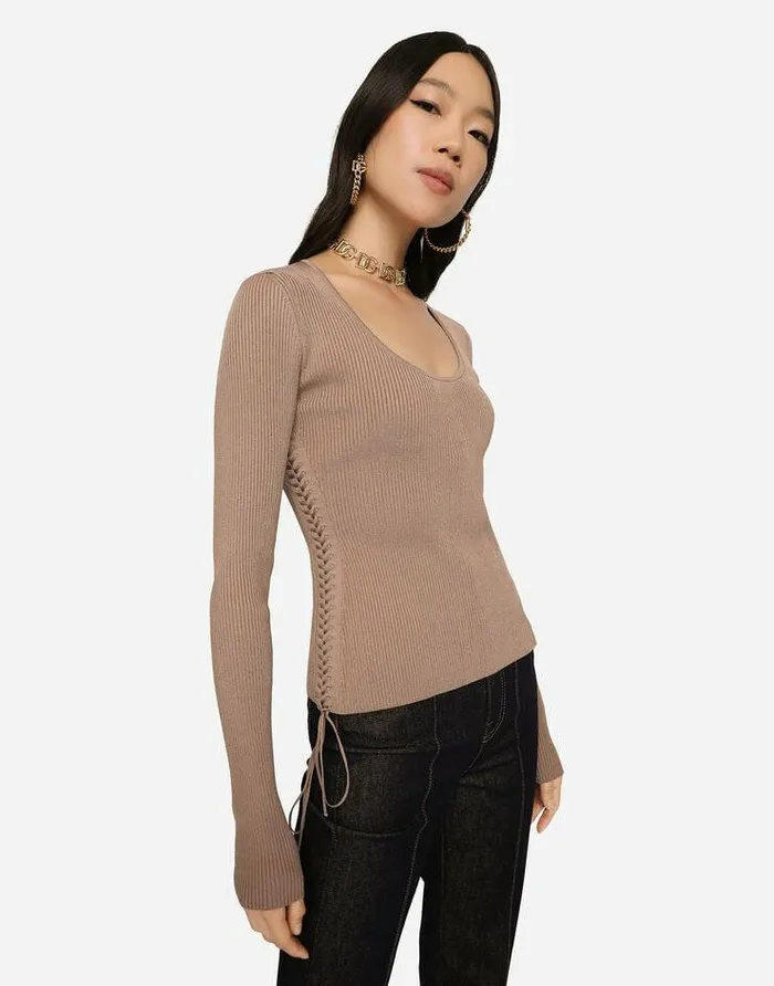 Dolce and Gabbana Sweaters And Cardigans Women Viscose Ribbed Sweater With Lacing And Eyelets Brown Dolce and Gabbana Sweaters And Cardigans Women Viscose Ribbed Sweater With Lacing And Eyelets Brown